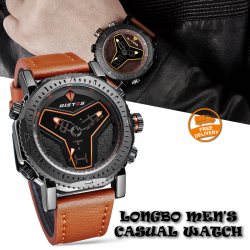 Longbo Mens Unusual Military Casual Analog Quartz Dual Time Zone Digital Waterproof Sports Quartz Watch Multifunction Leather Watch For Men, 9341